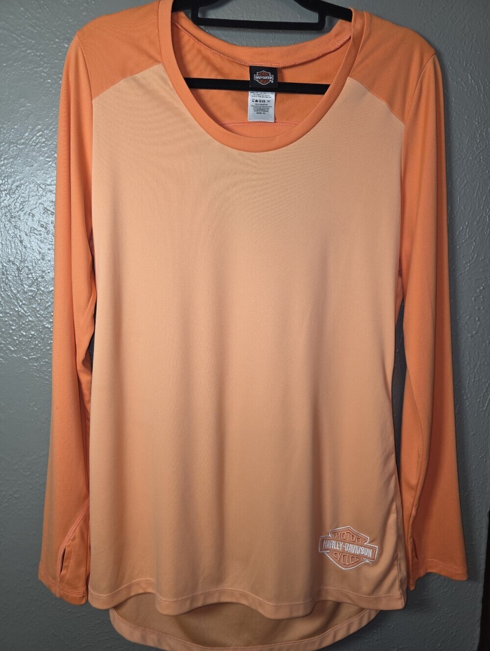 Harley Davidson Two-Tone Orange Performance Long Sleeve Keyhole Top w/ Thumbhole